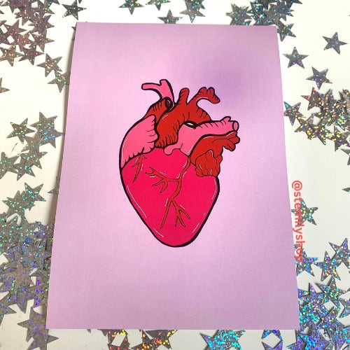 Pink and red anatomical heart hand drawn art print in A5 or A4