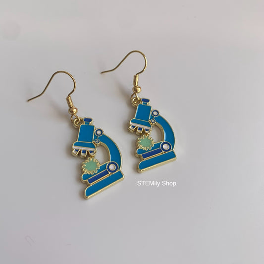 Gold and blue dangle science microscope earrings on gold plated hooks