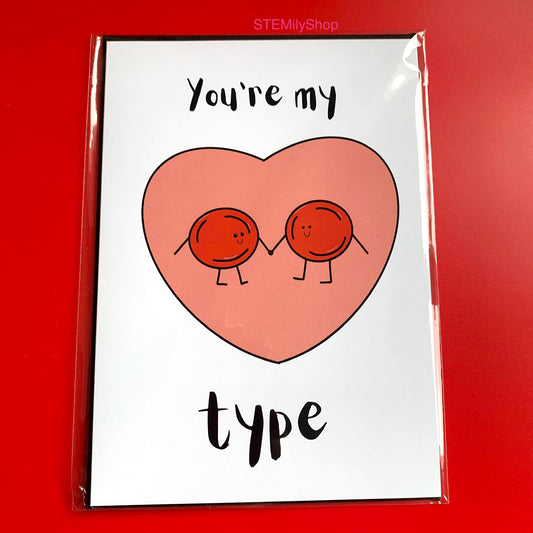 You're my type red blood cell anatomical biology science anniversary valentines card