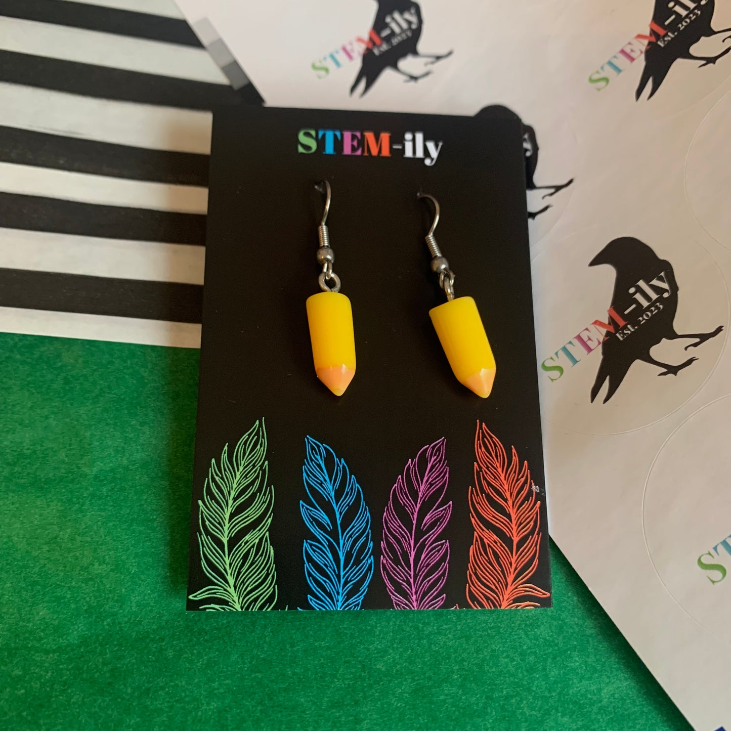 Cute miniature colourful quirky pencil stationary silver earrings on hypoallergenic surgical steel hooks