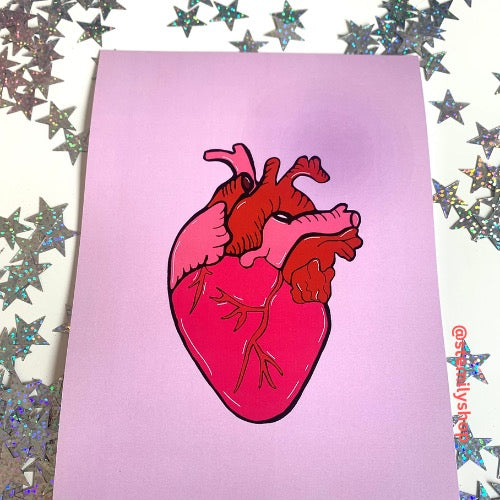 Pink and red anatomical heart hand drawn art print in A5 or A4