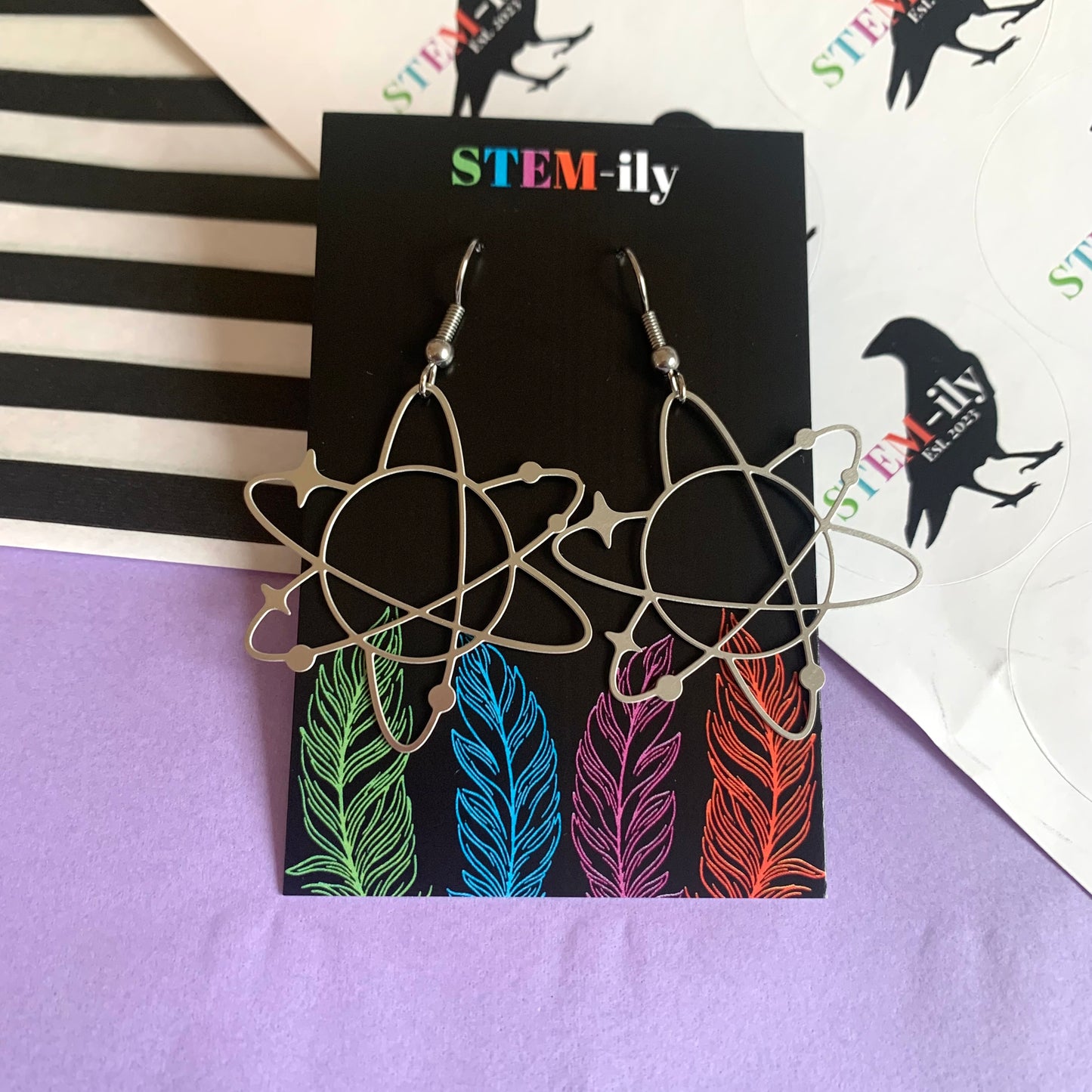 Stainless steel hypoallergenic silver chemistry atom earrings