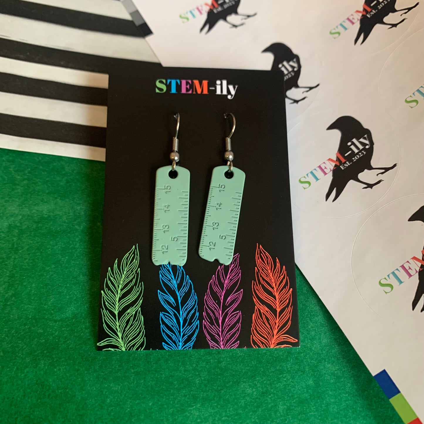 Quirky colourful miniature ruler stationary silver earrings on hypoallergenic surgical steel hooks.