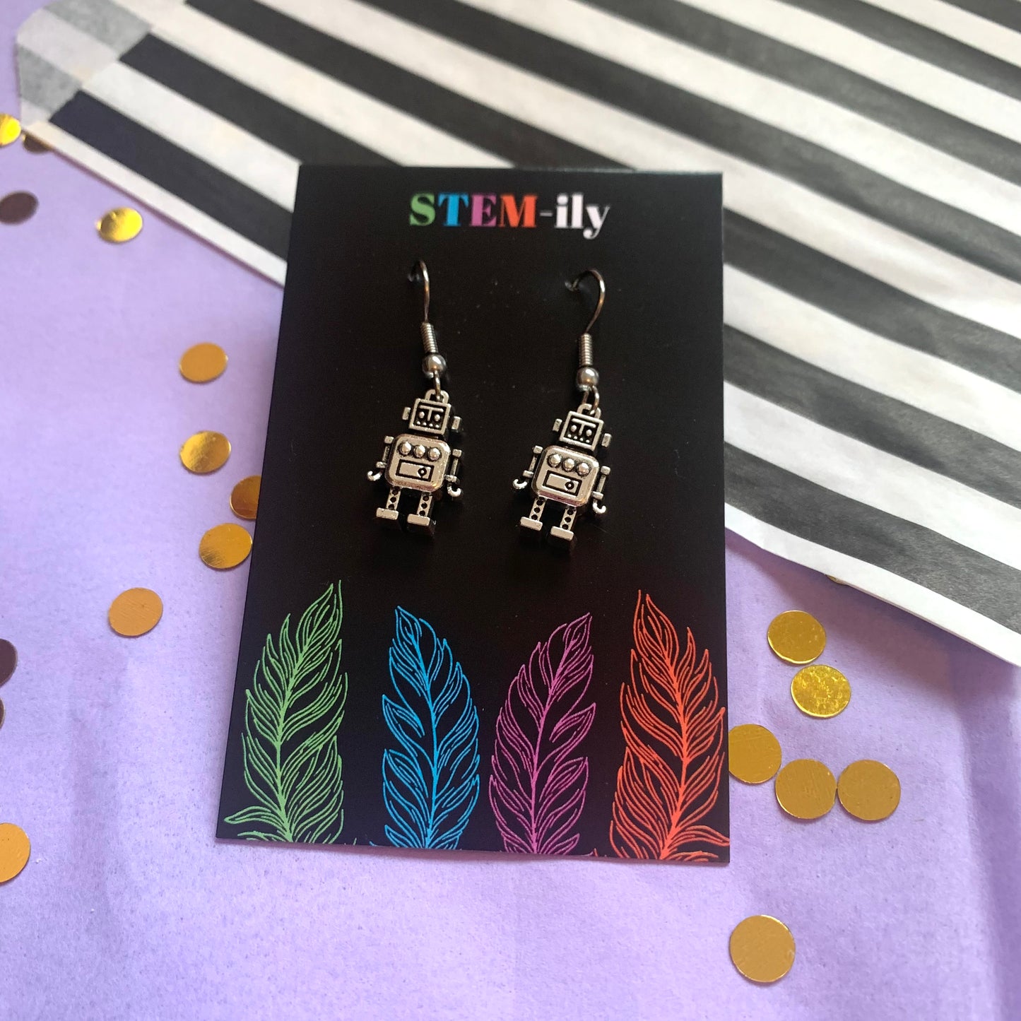 Silver robot drop dangle earrings on hypoallergenic surgical steel hooks