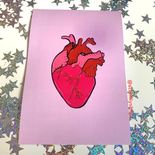 Pink and red anatomical heart hand drawn art print in A5 or A4