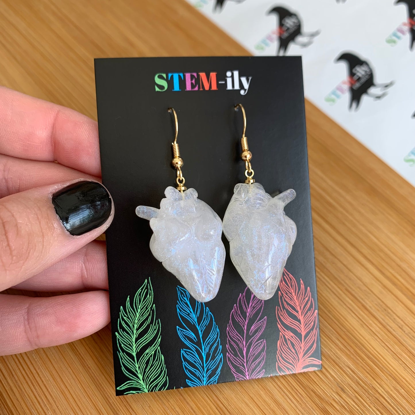 White Anatomical heart handmade resin statement gold earrings on gold plated hooks