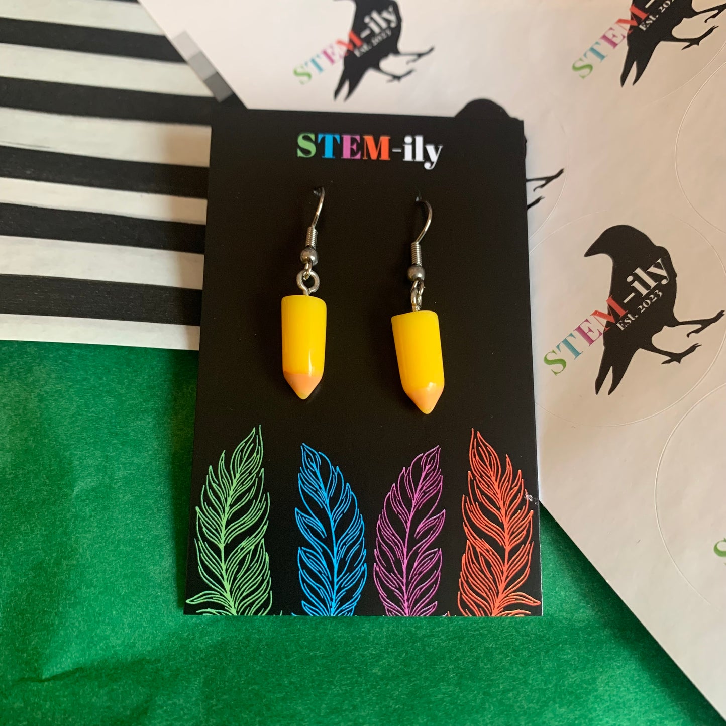 Cute miniature colourful quirky pencil stationary silver earrings on hypoallergenic surgical steel hooks