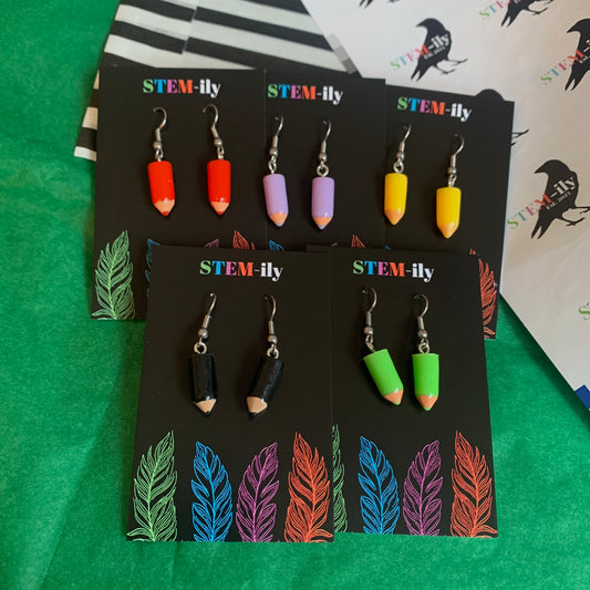 Cute miniature colourful quirky pencil stationary silver earrings on hypoallergenic surgical steel hooks