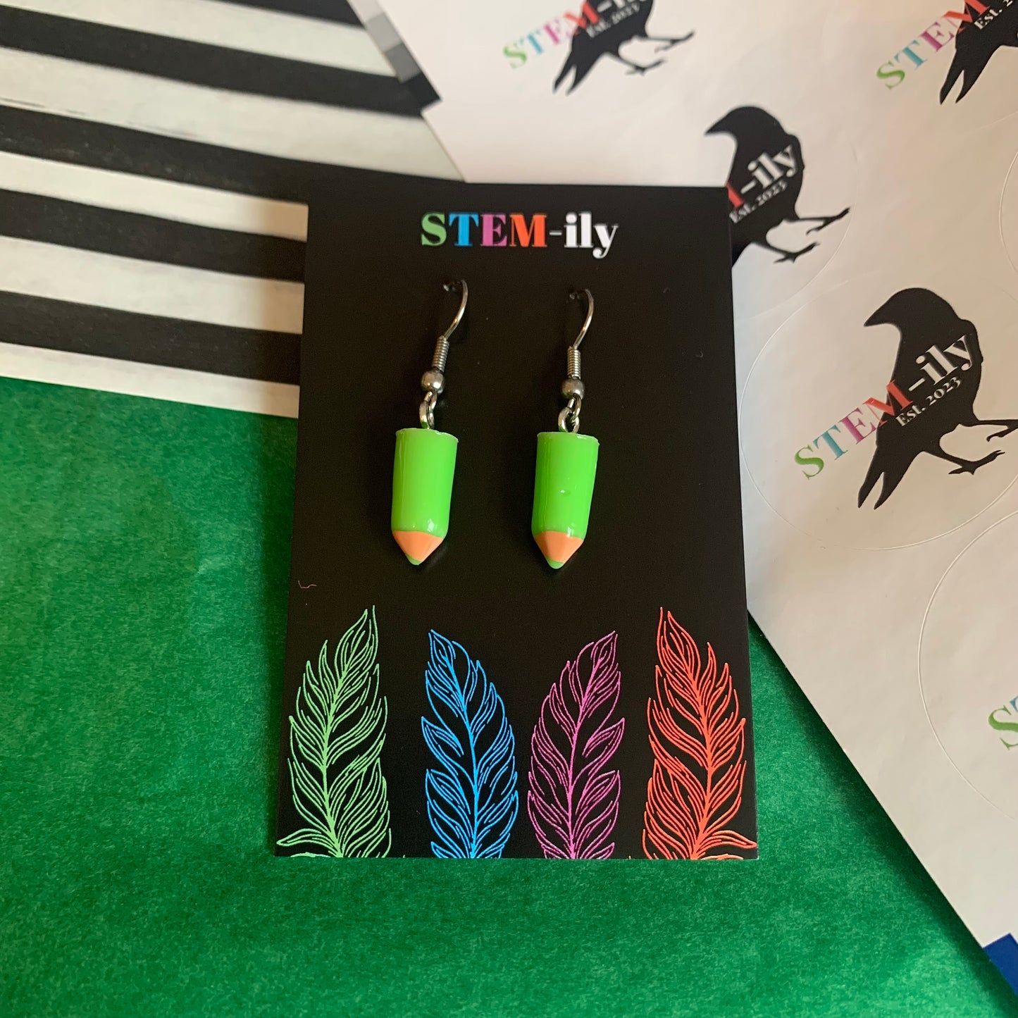 Cute miniature colourful quirky pencil stationary silver earrings on hypoallergenic surgical steel hooks