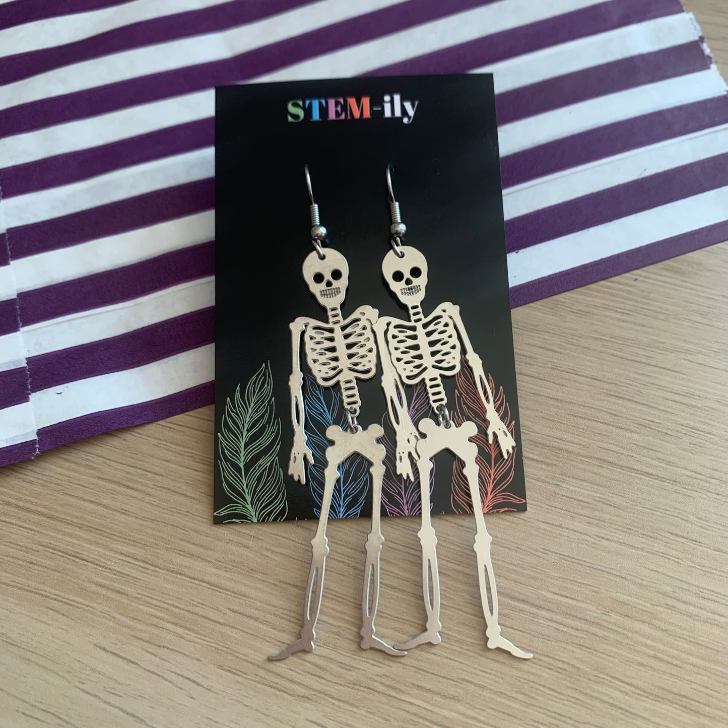 Stainless steel anatomy skeleton moving silver earrings