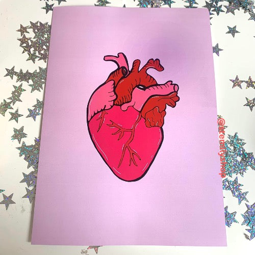 Pink and red anatomical heart hand drawn art print in A5 or A4