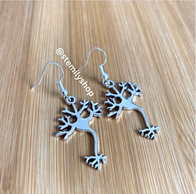 Silver neuron science drop dangle earrings on hypoallergenic surgical steel hooks
