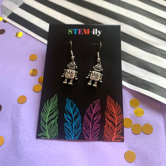 Silver robot drop dangle earrings on hypoallergenic surgical steel hooks
