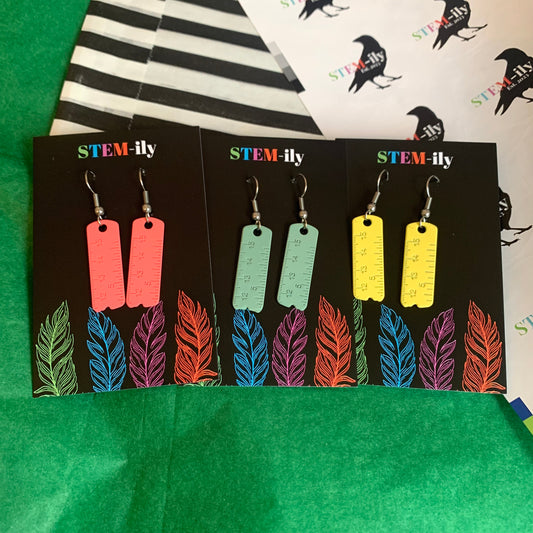 Quirky colourful miniature ruler stationary silver earrings on hypoallergenic surgical steel hooks.