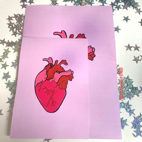 Pink and red anatomical heart hand drawn art print in A5 or A4