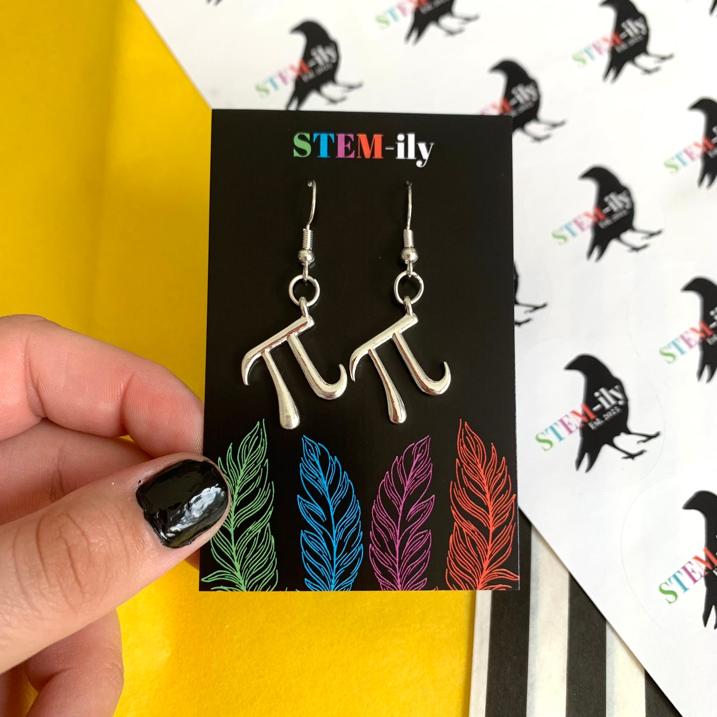 Silver maths pi earrings drop dangle earrings on hypoallergenic surgical steel hooks