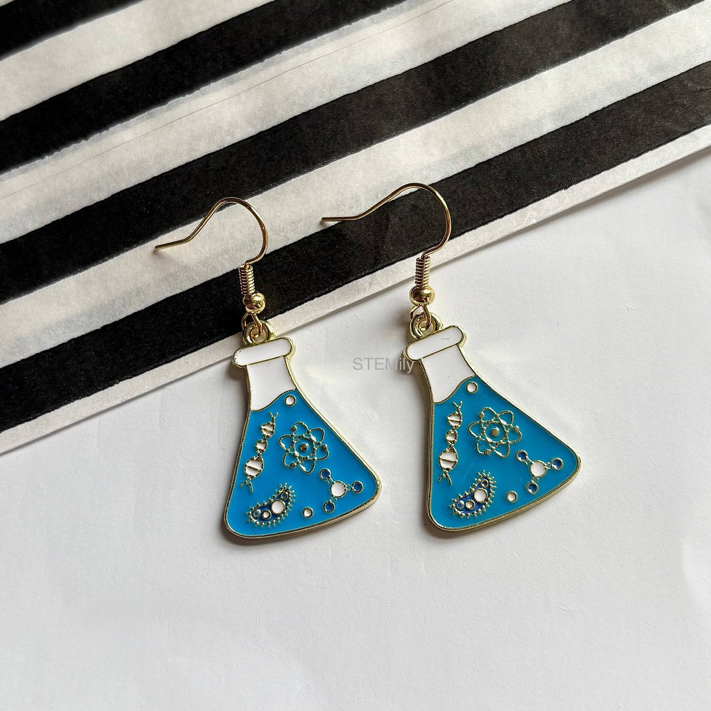 Gold science blue science flask beaker dangle drop earrings