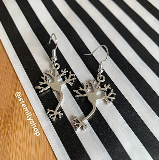 Silver neuron science drop dangle earrings on hypoallergenic surgical steel hooks