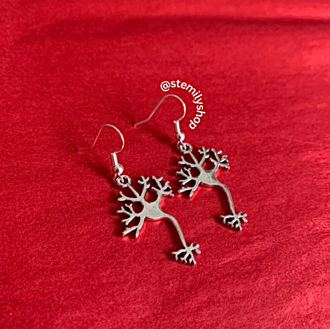 Silver neuron science drop dangle earrings on hypoallergenic surgical steel hooks