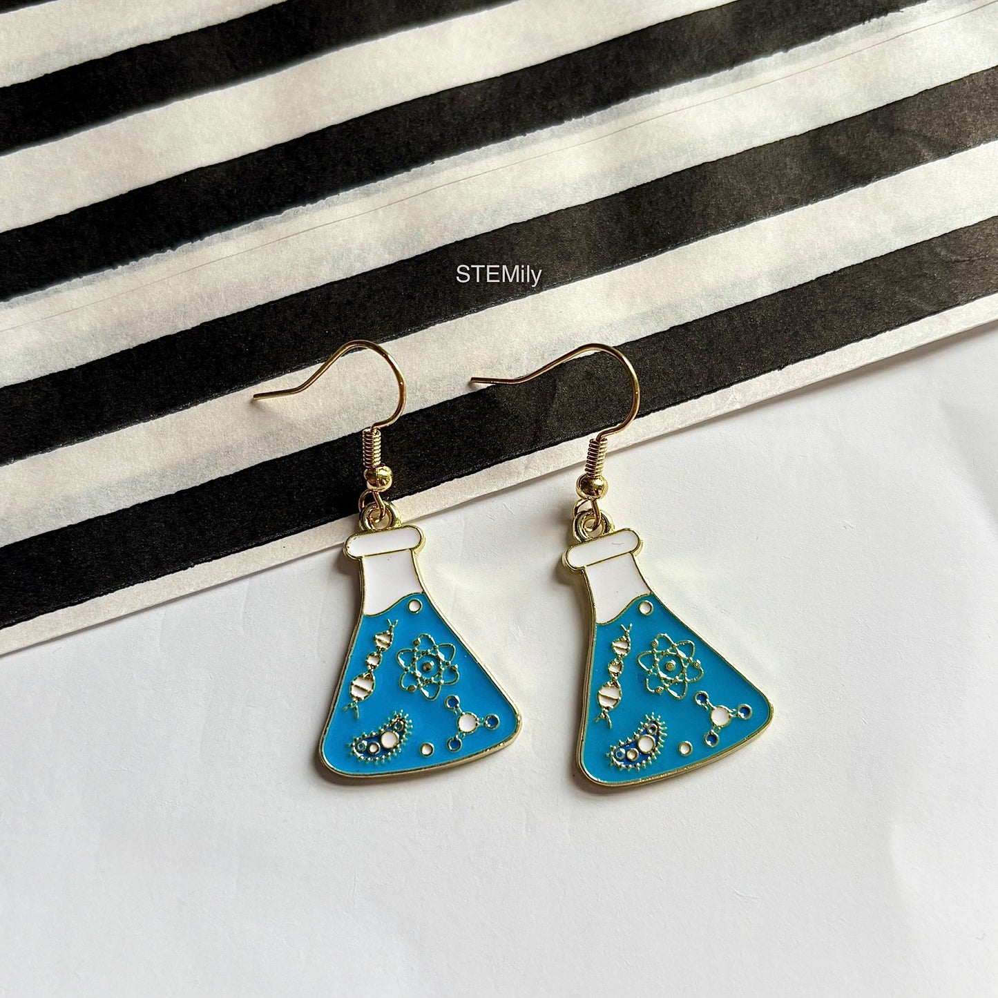 Gold science blue science flask beaker dangle drop earrings