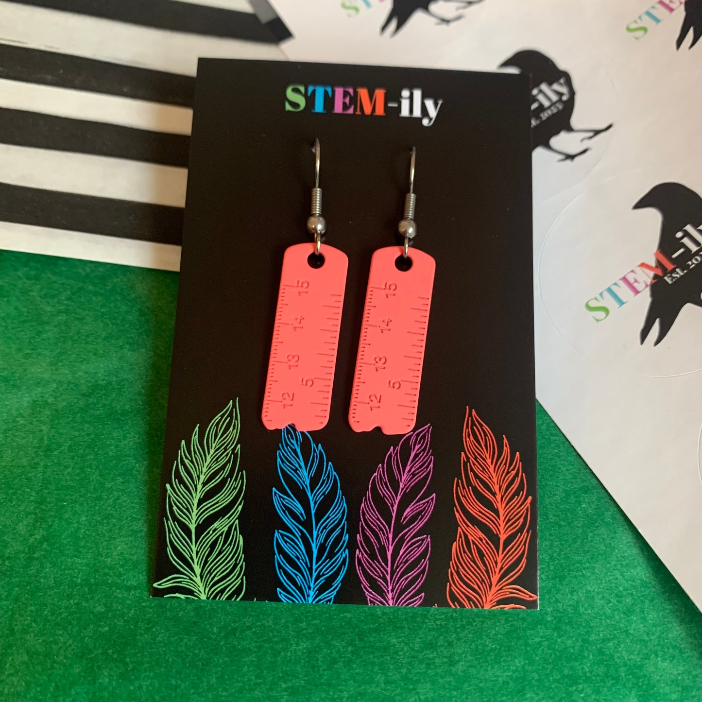 Quirky colourful miniature ruler stationary silver earrings on hypoallergenic surgical steel hooks.