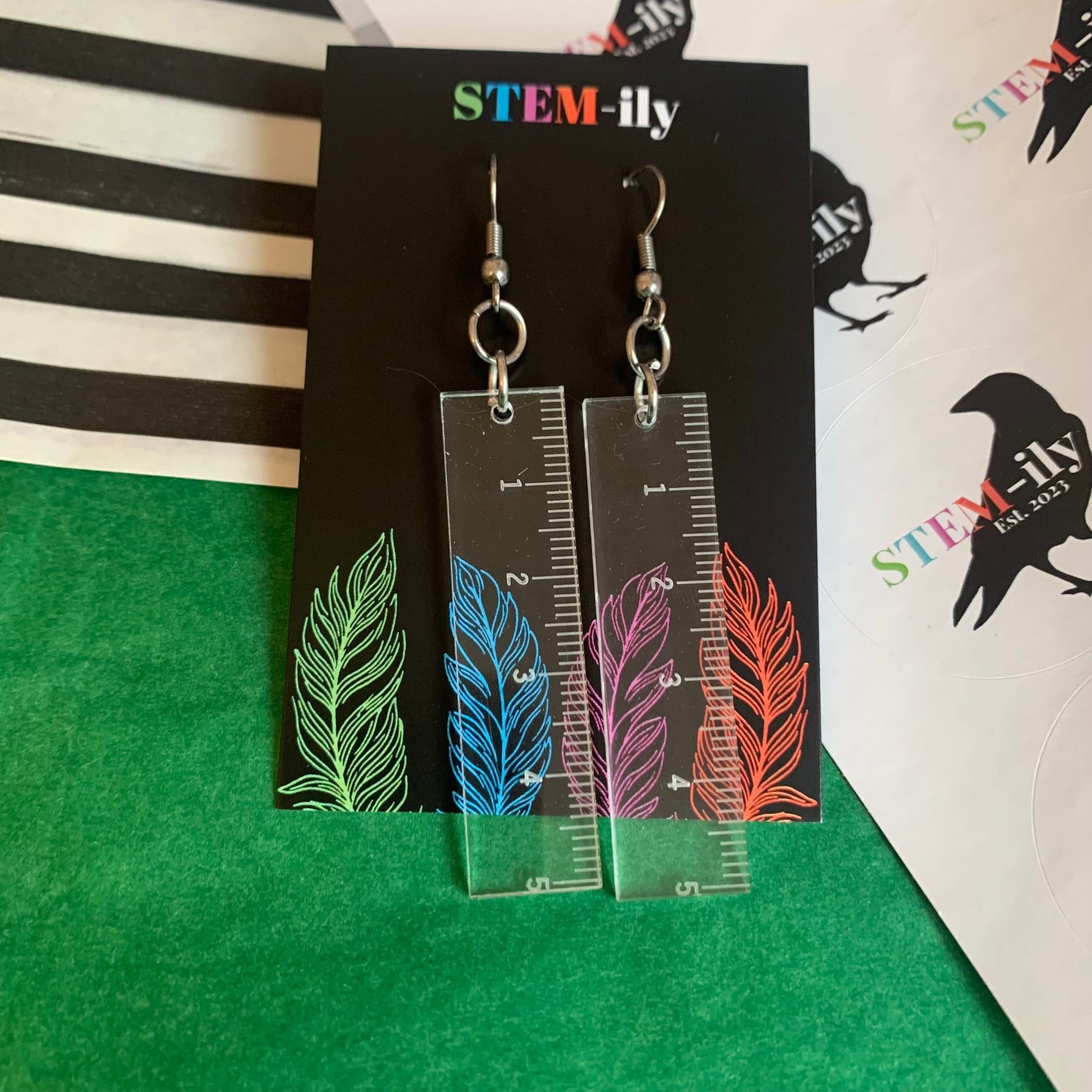 Clear ruler miniature stationary silver drop dangle earrings on hypoallergenic surgical steel hooks