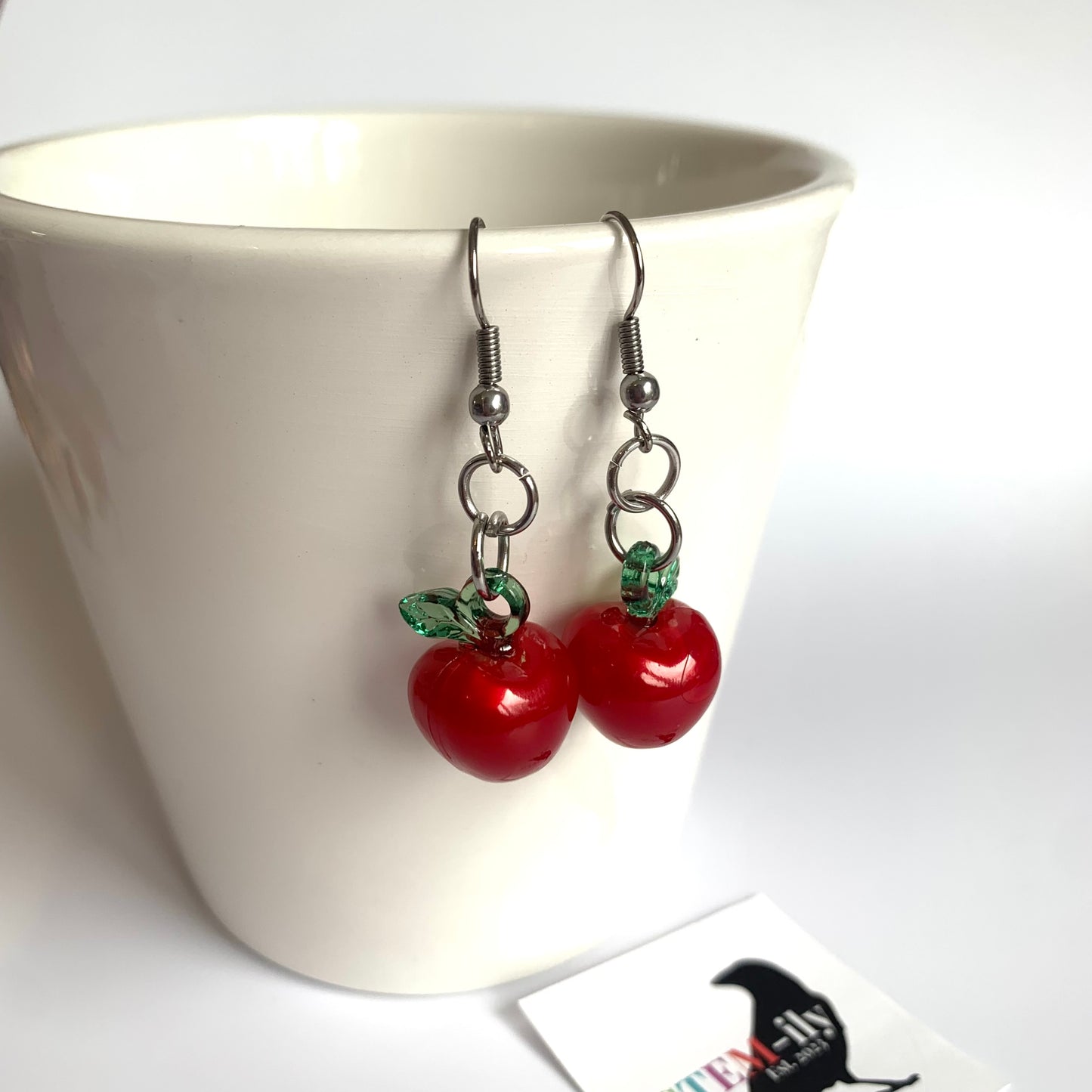 Red and green stainless steel apple teacher drop dangle earrings on hypoallergenic surgical steel hooks