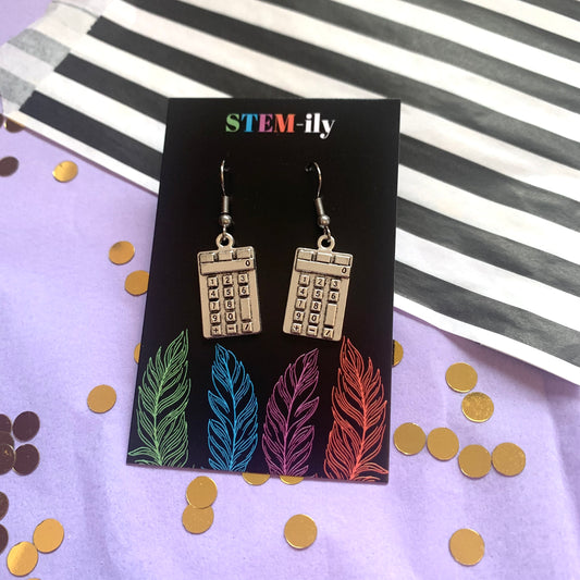 Silver calculator maths drop dangle earrings on hypoallergenic surgical steel hooks