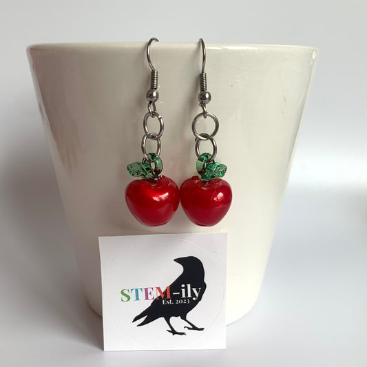 Red and green stainless steel apple teacher drop dangle earrings on hypoallergenic surgical steel hooks