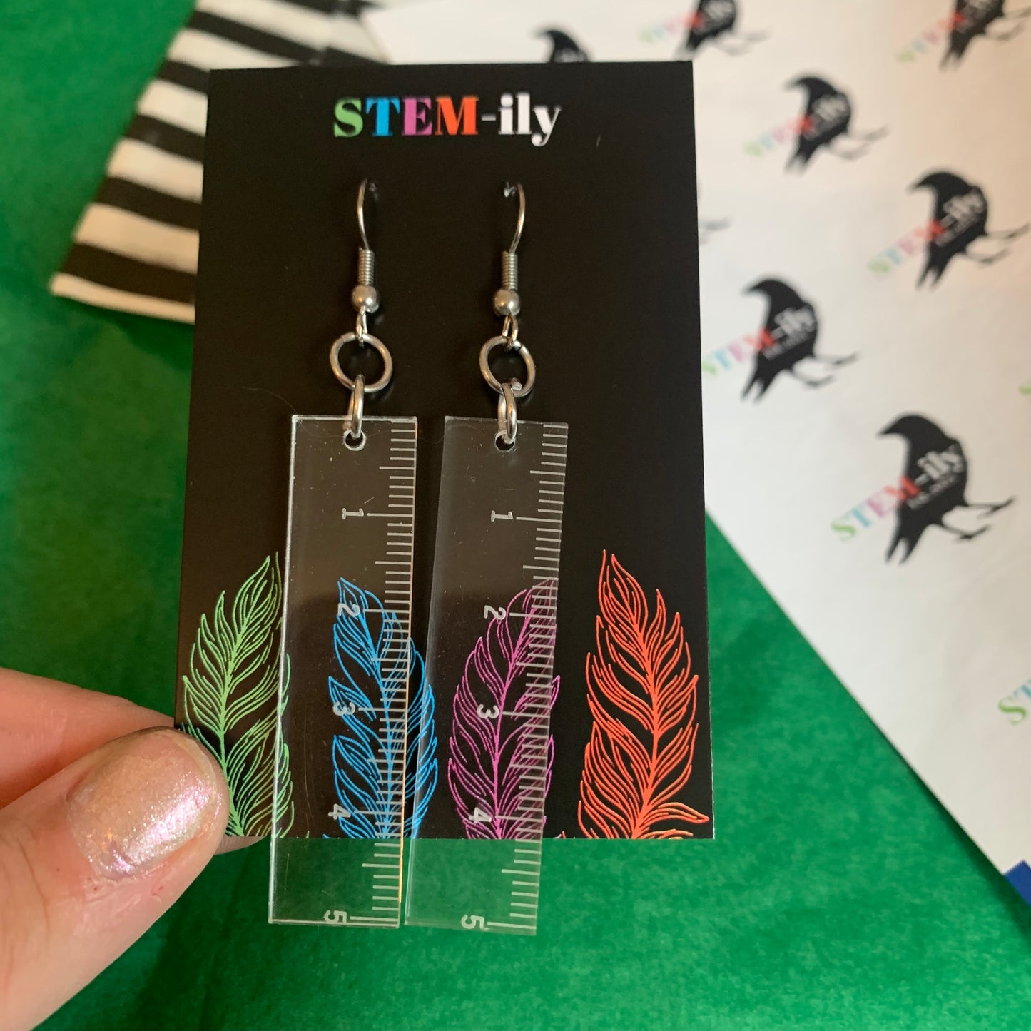 Clear ruler miniature stationary silver drop dangle earrings on hypoallergenic surgical steel hooks
