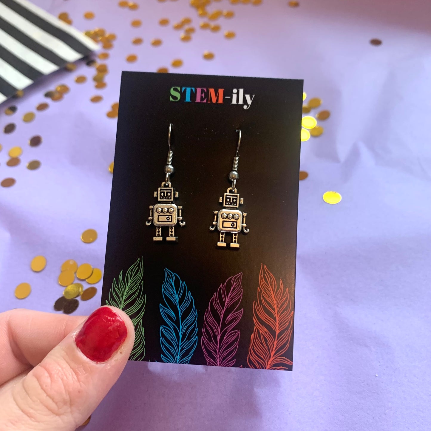 Silver robot drop dangle earrings on hypoallergenic surgical steel hooks