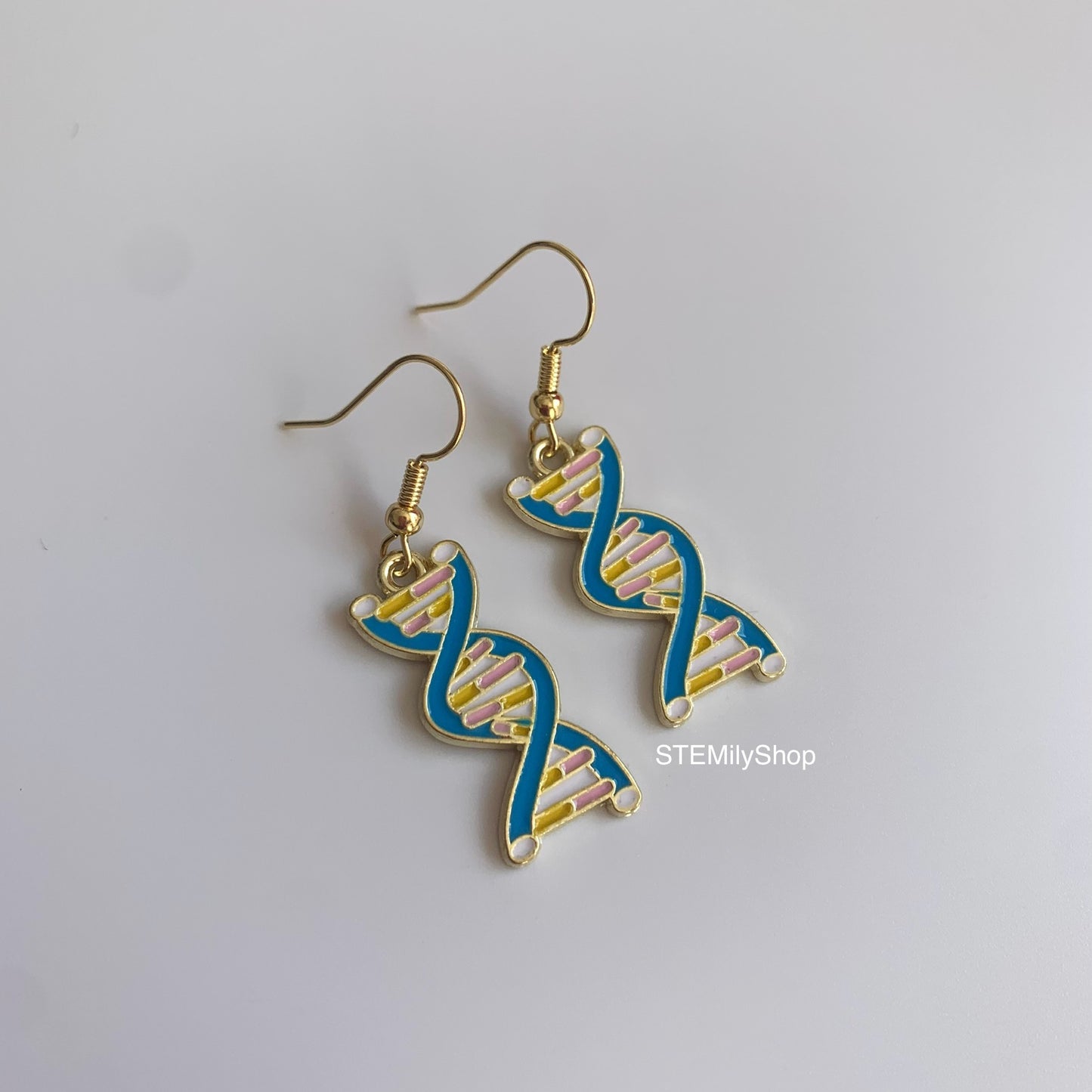 Gold science blue DNA blue dangle drop earrings