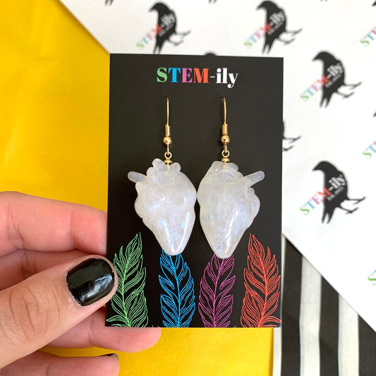 White Anatomical heart handmade resin statement gold earrings on gold plated hooks
