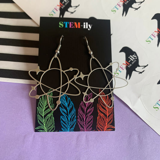 Stainless steel hypoallergenic silver chemistry atom earrings