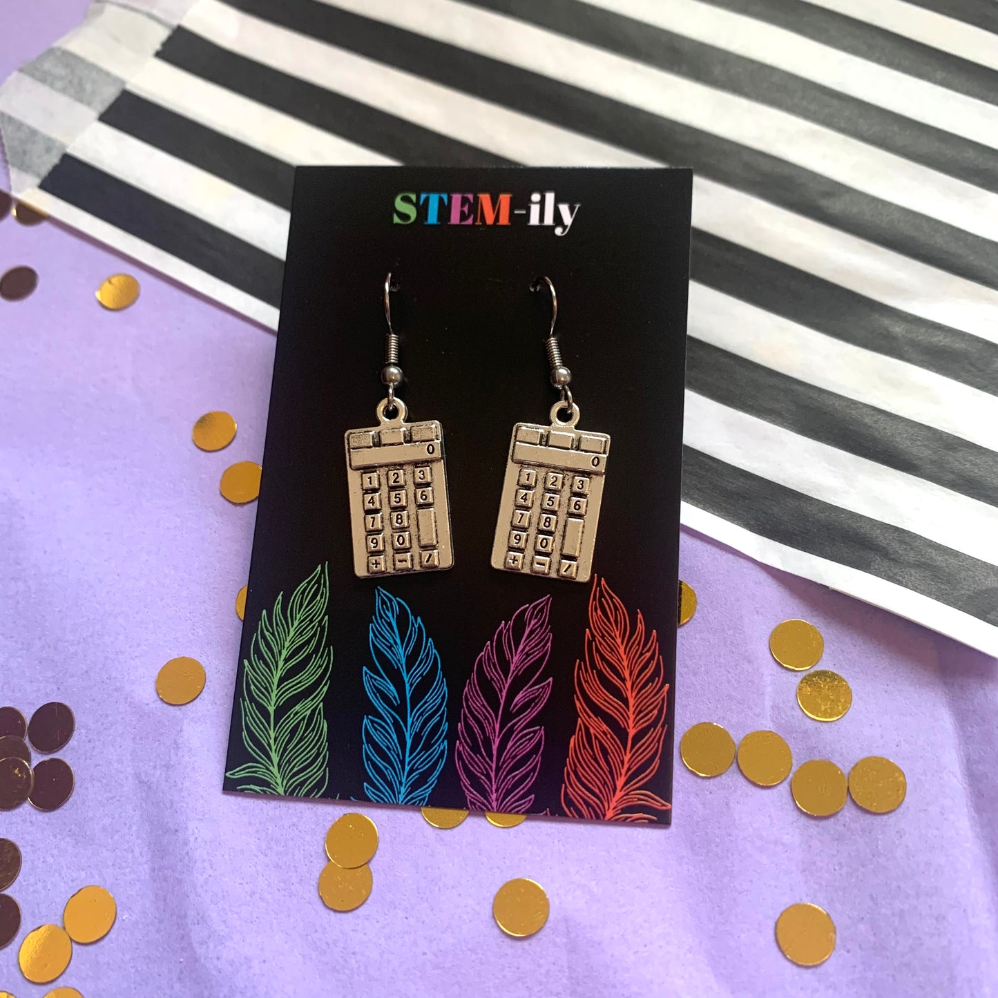 Silver calculator maths drop dangle earrings on hypoallergenic surgical steel hooks