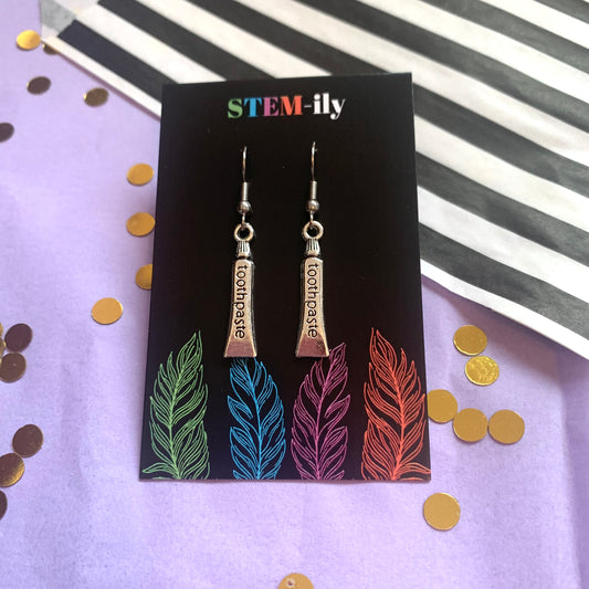 Silver toothpaste dentist dental earrings on hypoallergenic surgical steel hooks