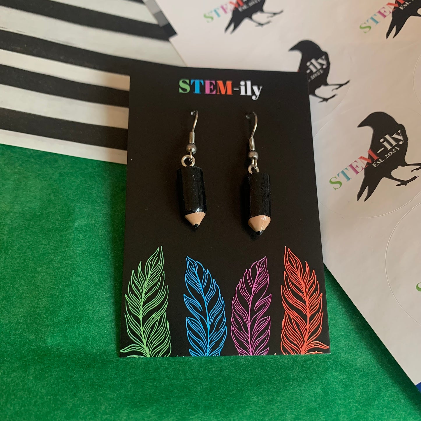 Cute miniature colourful quirky pencil stationary silver earrings on hypoallergenic surgical steel hooks