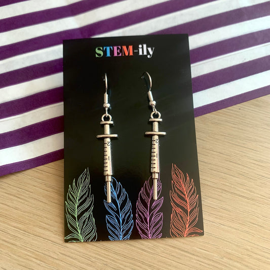 Cool quirky little silver syringe science biology nurse earrings on silver plated hooks