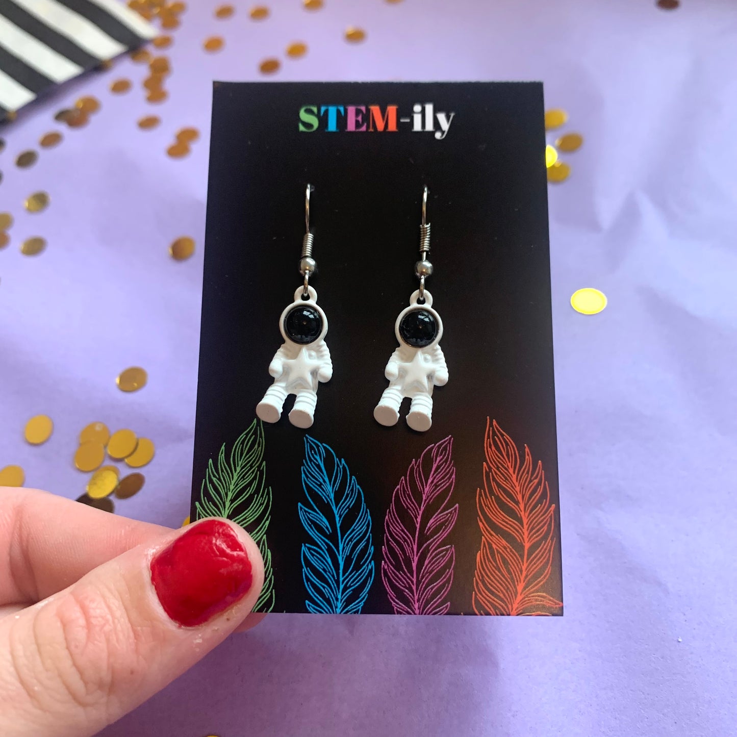 White spaceman astronaut silver drop dangle earrings