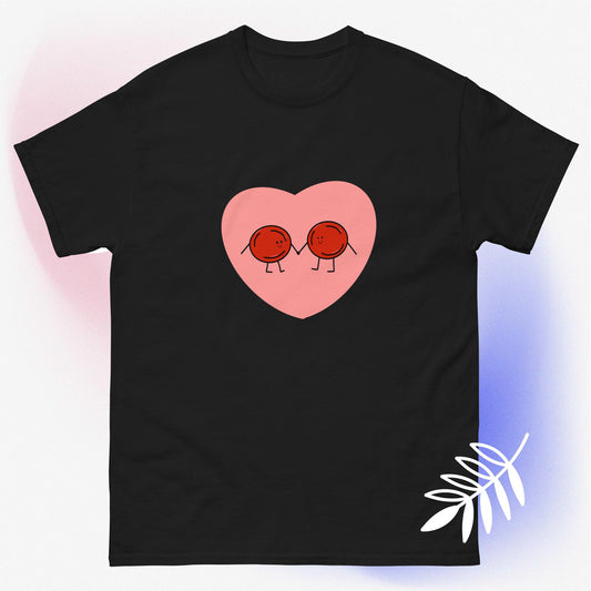 Pink heart with red blood cell graphic design unisex t-shirt