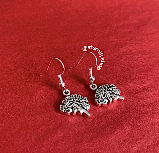 Cool quirky silver brain stem science drop dangle biology earrings on hypoallergenic surgical steel hooks