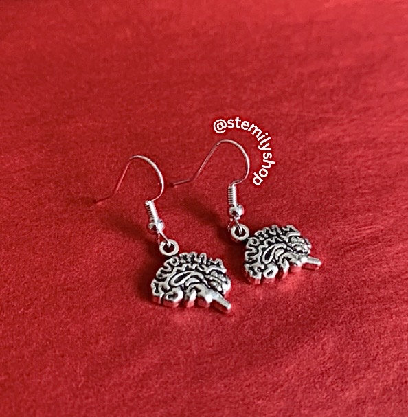 Cool quirky silver brain stem science drop dangle biology earrings on hypoallergenic surgical steel hooks