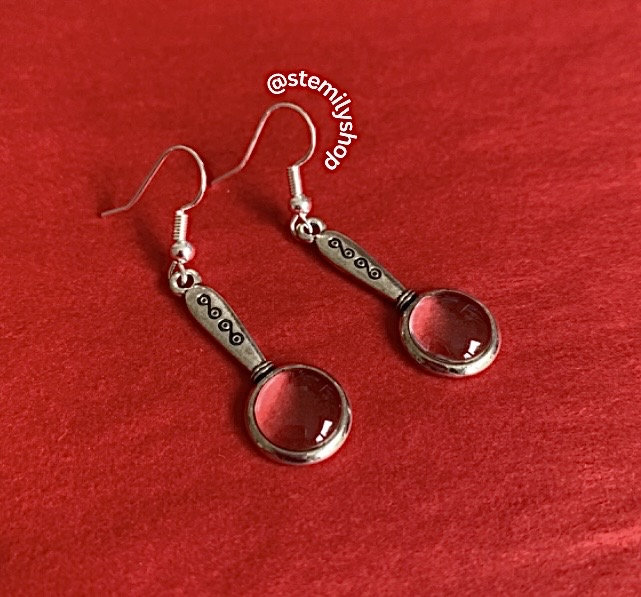 Cool quirky silver magnifying glass stem science drop dangle biology earrings on hypoallergenic surgical steel hooks