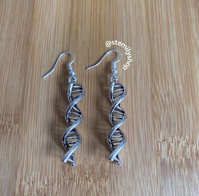 Cool quirky silver DNA genetics stem science drop dangle biology earrings on hypoallergenic surgical steel hooks