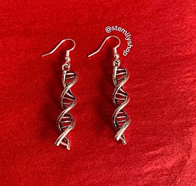 Cool quirky silver DNA genetics stem science drop dangle biology earrings on hypoallergenic surgical steel hooks