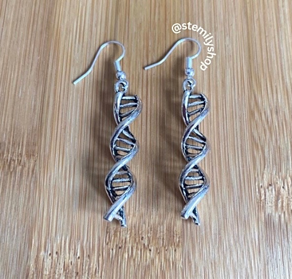 Cool quirky silver DNA genetics stem science drop dangle biology earrings on hypoallergenic surgical steel hooks