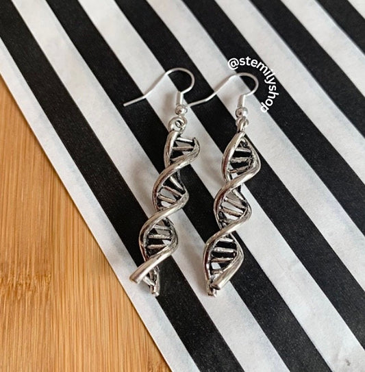 Cool quirky silver DNA genetics stem science drop dangle biology earrings on hypoallergenic surgical steel hooks