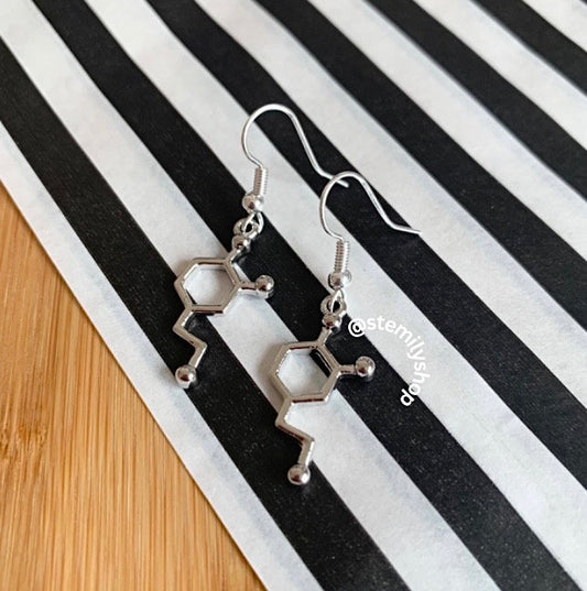 Cool quirky silver dopamine stem science drop dangle biology earrings on hypoallergenic surgical steel hooks
