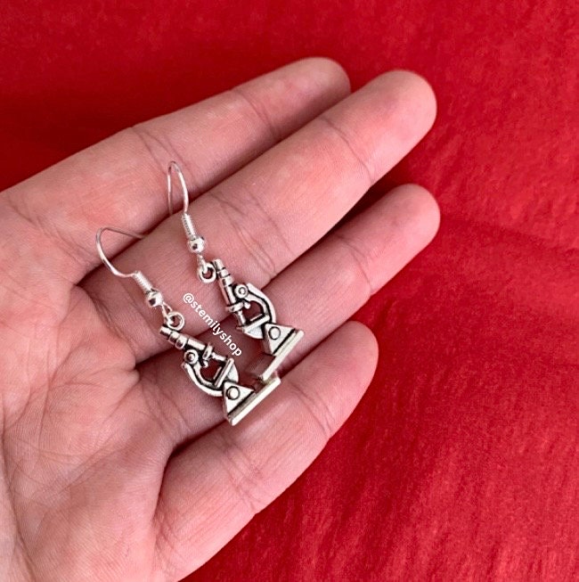 Cool quirky silver microscope science biology earrings on hypoallergenic surgical steel hooks