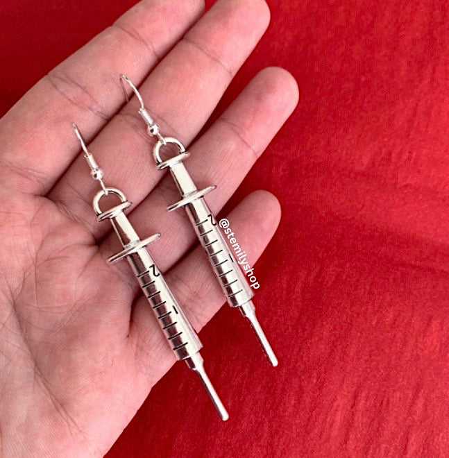Cool quirky silver syringe science biology nurse earrings on silver plated hooks